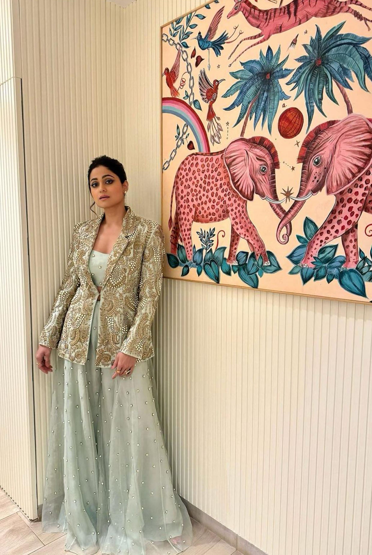 Shazia Mint Embroidered Blazer And Bustier With Sharara