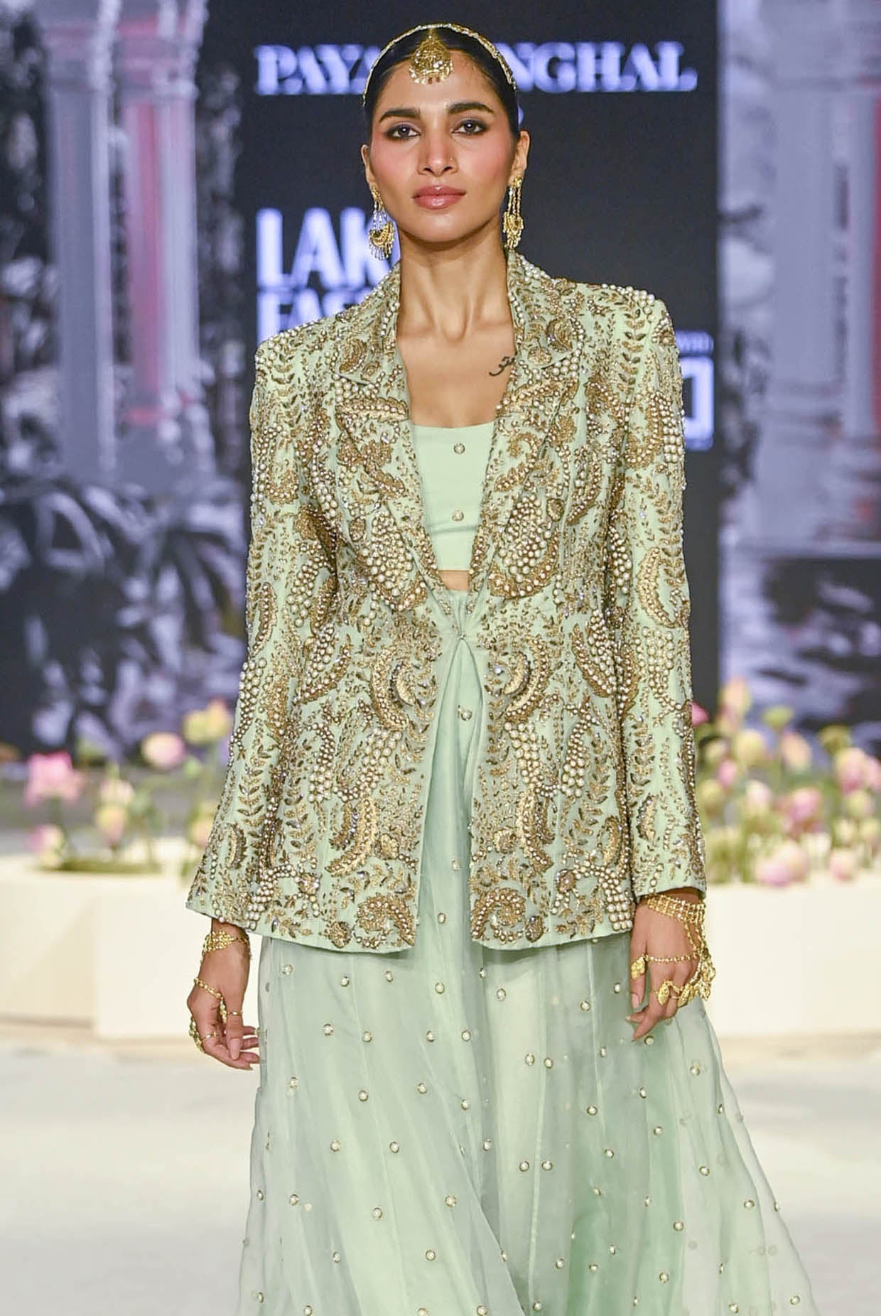 Shazia Mint Embroidered Blazer And Bustier With Sharara
