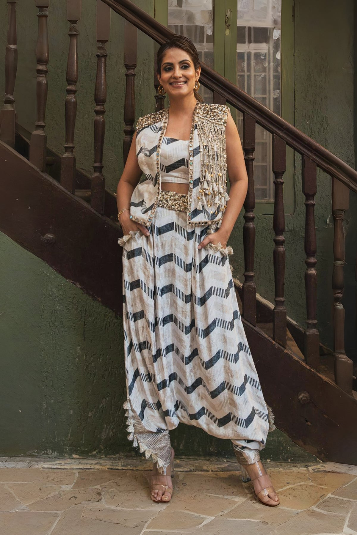 Beige And Black Ladder Chevron Print Velvet Bustier With Embroidered Jacket And Low Crotch Pants