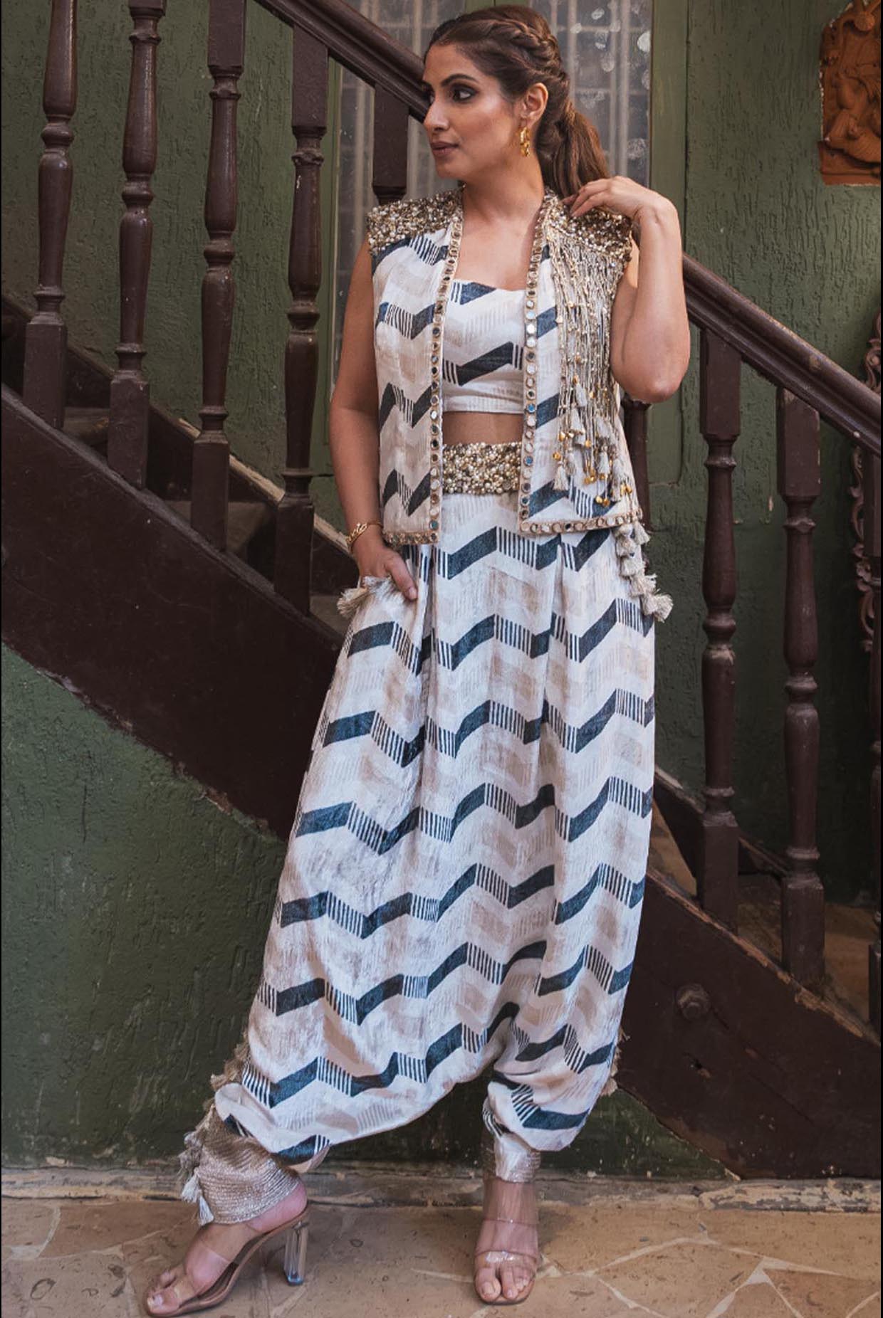 Beige And Black Ladder Chevron Print Velvet Bustier With Embroidered Jacket And Low Crotch Pants