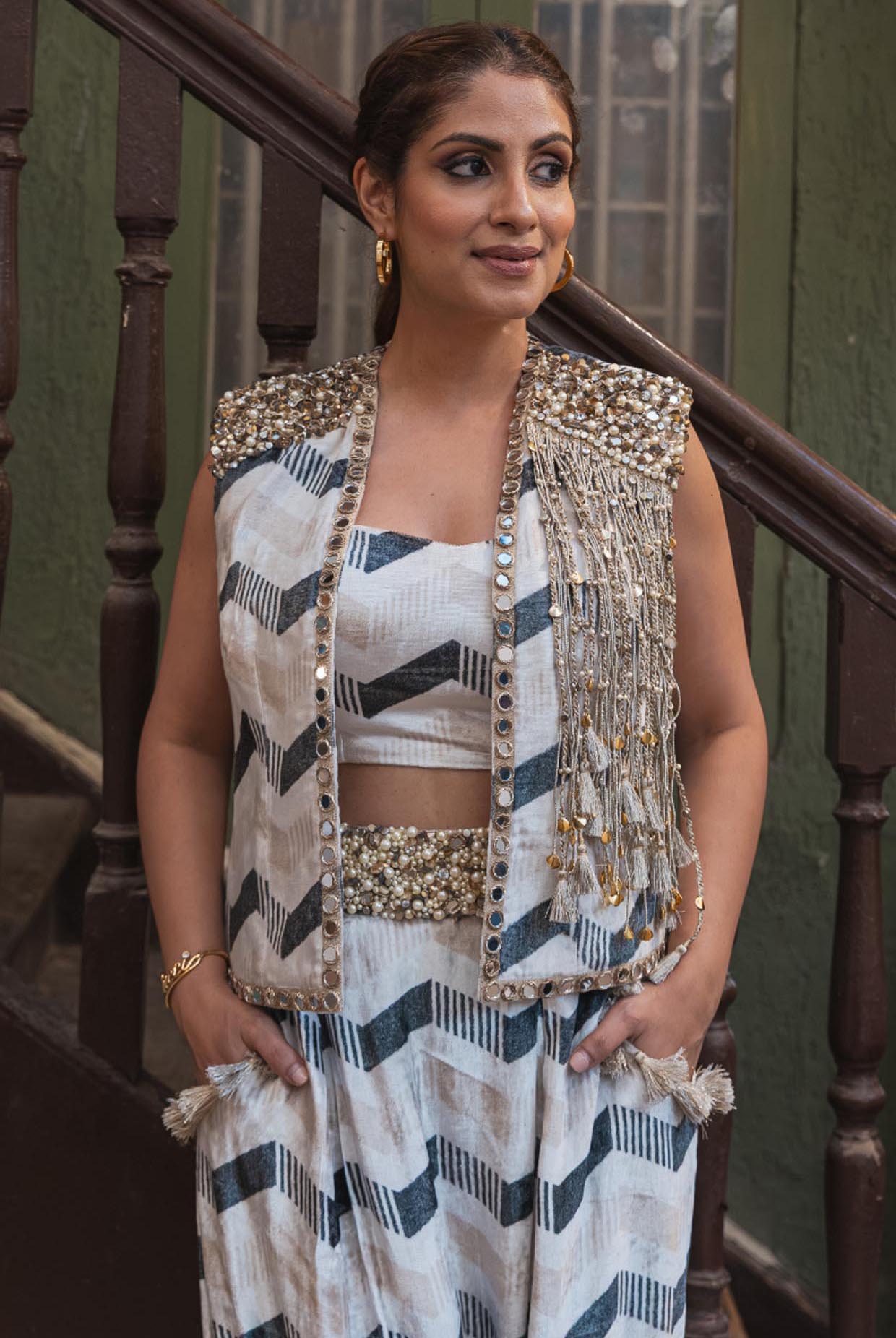 Beige And Black Ladder Chevron Print Velvet Bustier With Embroidered Jacket And Low Crotch Pants
