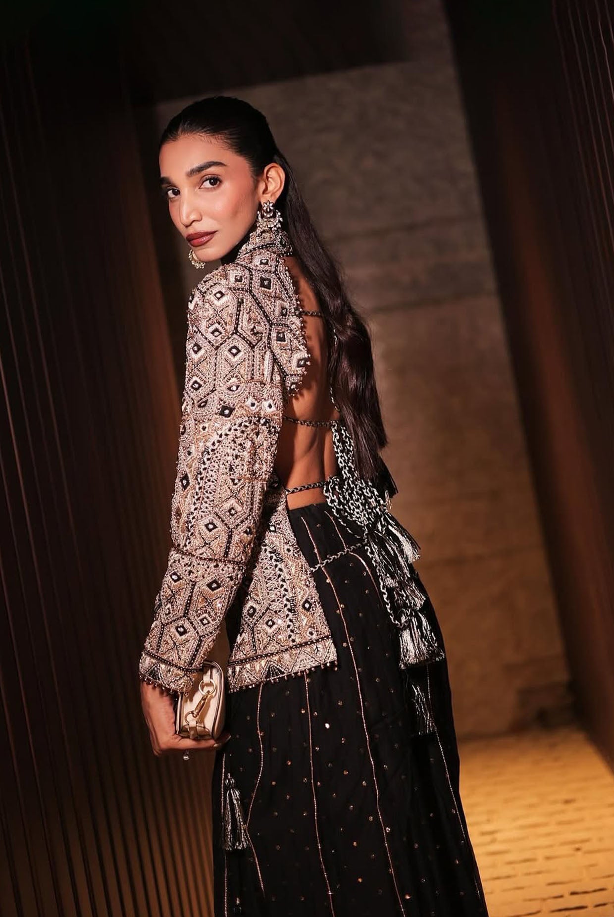Black Georgette Embroidered Backless Jacket And Sharara