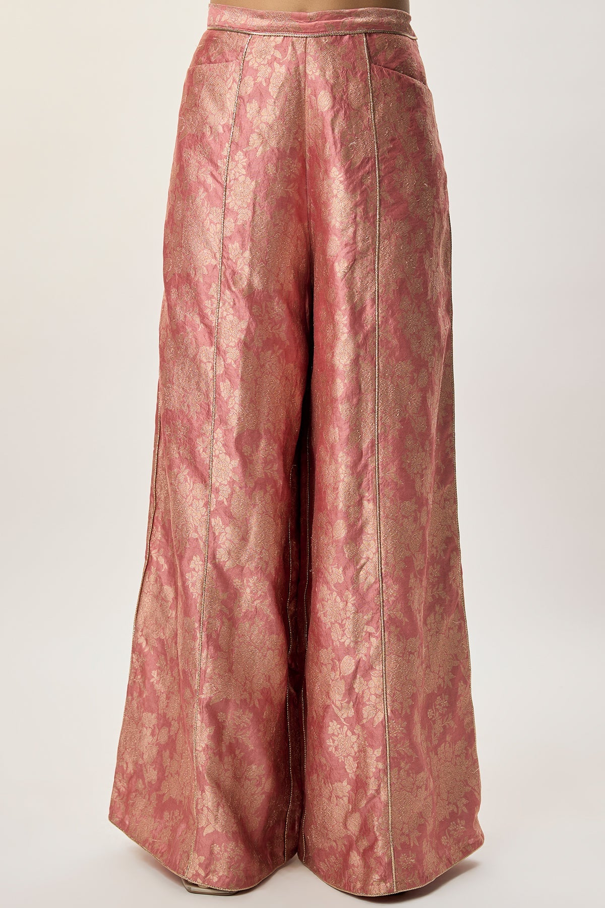 Iza Stone Georgette Embroidered Waist Coat With Rust Pink Banarasi Brocade Kurta And Pant
