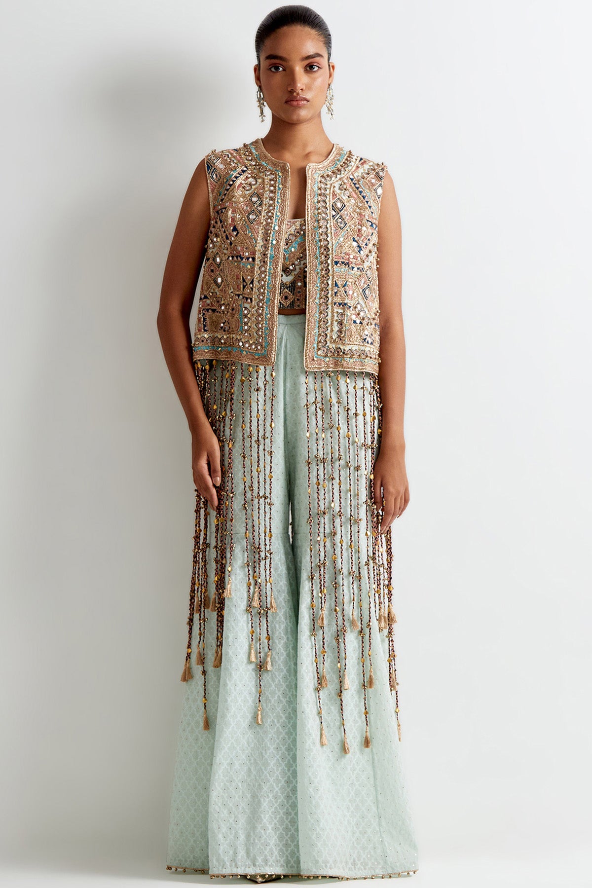 Sea Blue Georgette Embroidered Jacket With Embroidered Bustier And Silk Katarwa Sharara