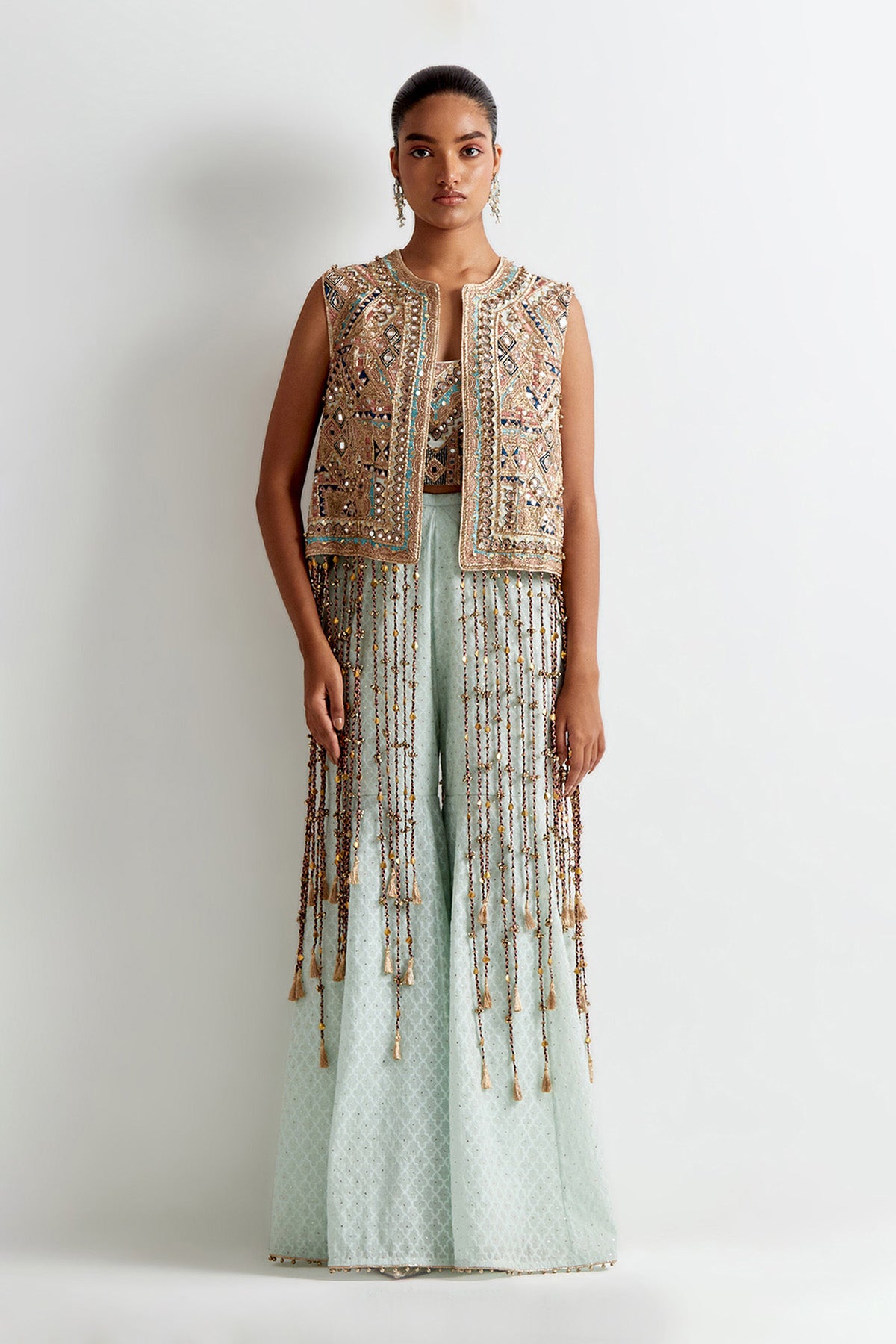 Sea Blue Georgette Embroidered Jacket With Embroidered Bustier And Silk Katarwa Sharara