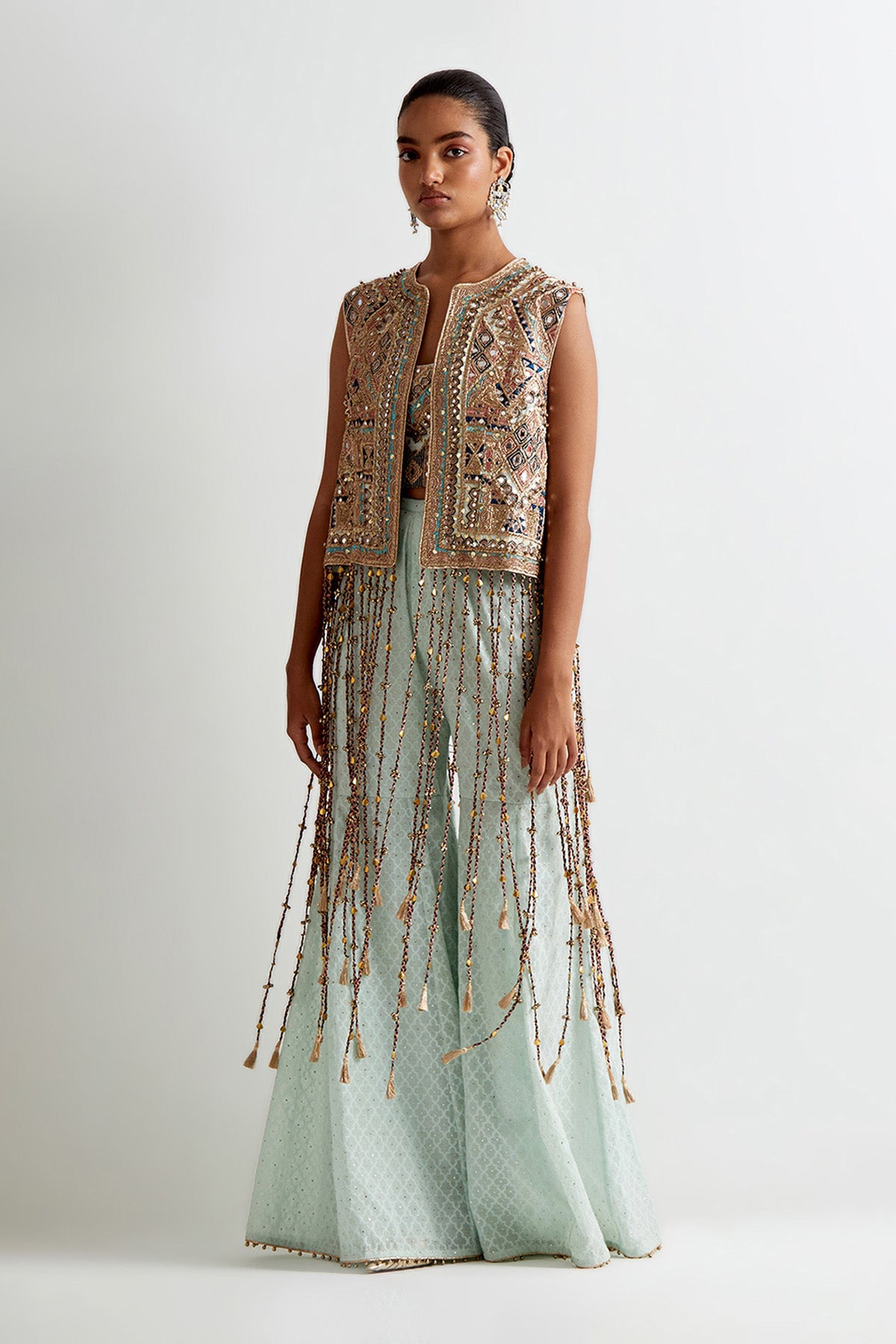 Sea Blue Georgette Embroidered Jacket With Embroidered Bustier And Silk Katarwa Sharara