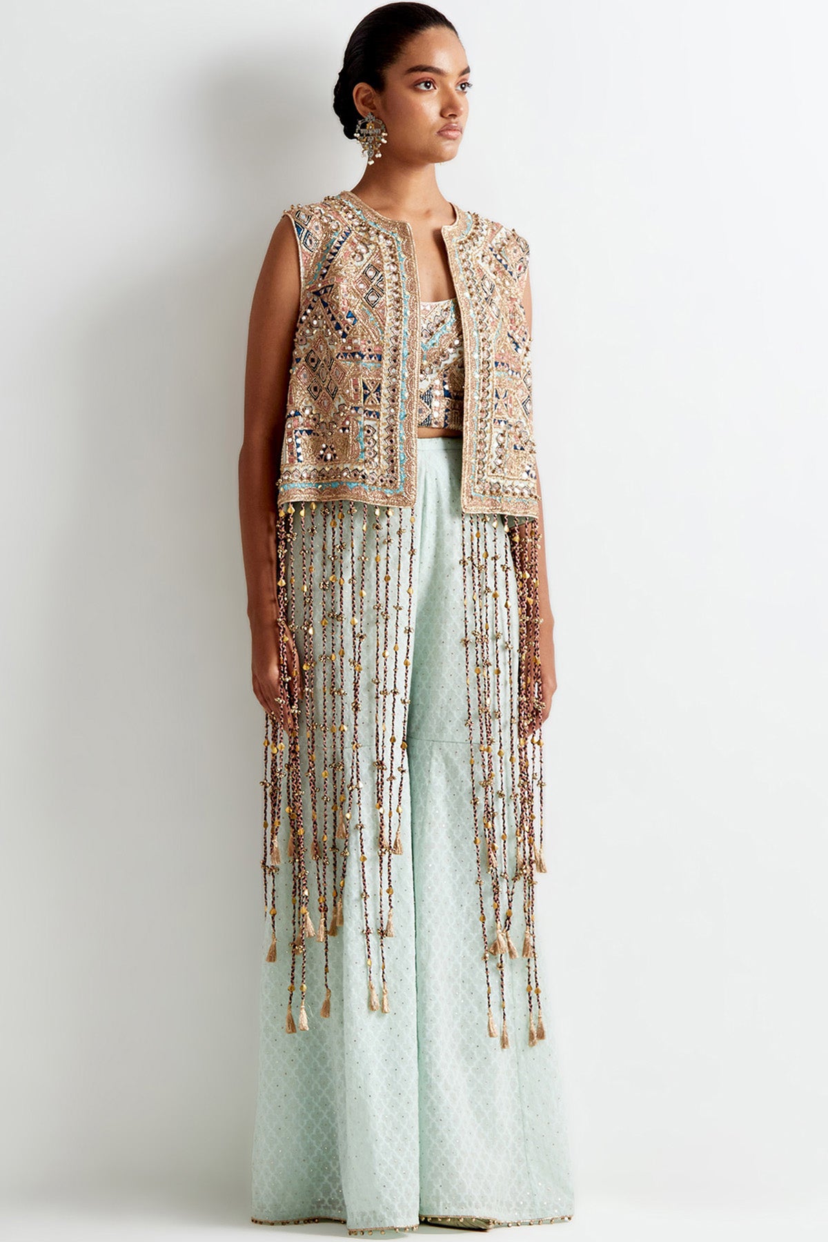 Sea Blue Georgette Embroidered Jacket With Embroidered Bustier And Silk Katarwa Sharara