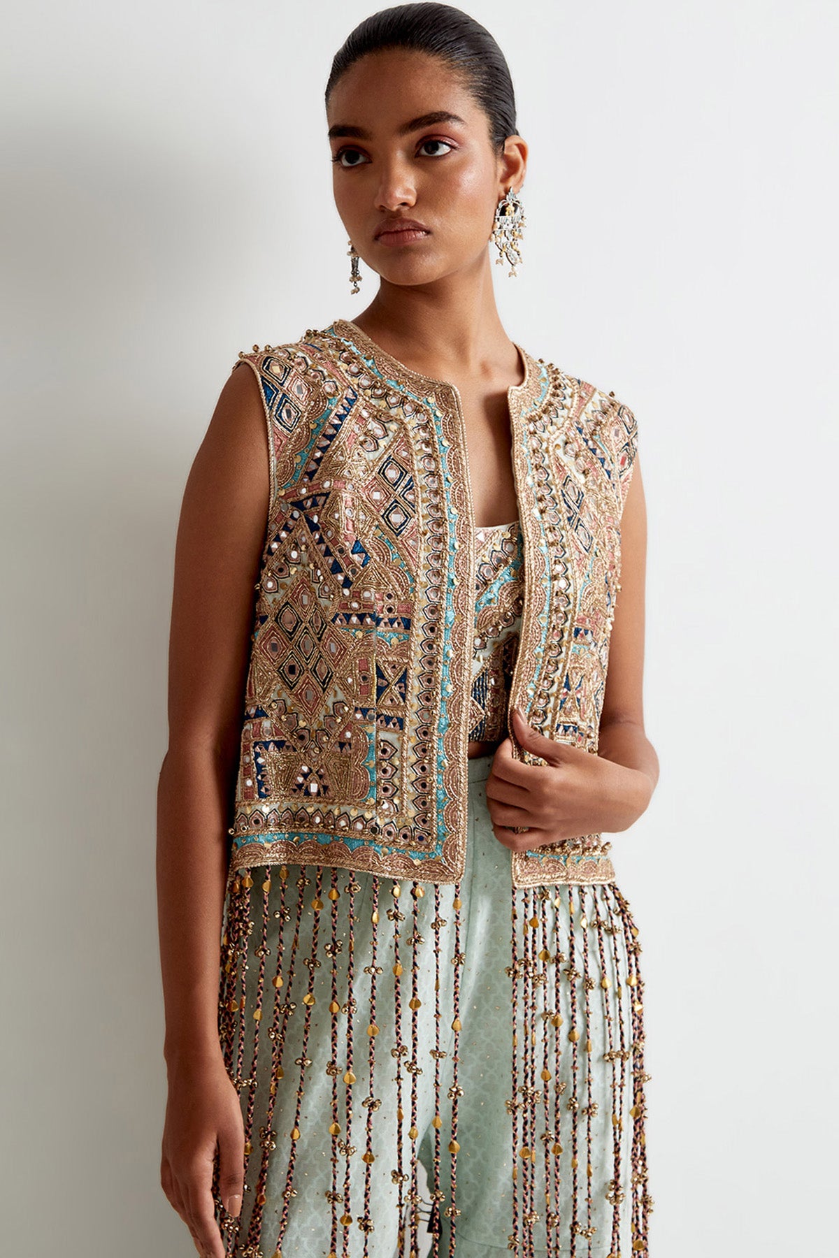 Sea Blue Georgette Embroidered Jacket With Embroidered Bustier And Silk Katarwa Sharara