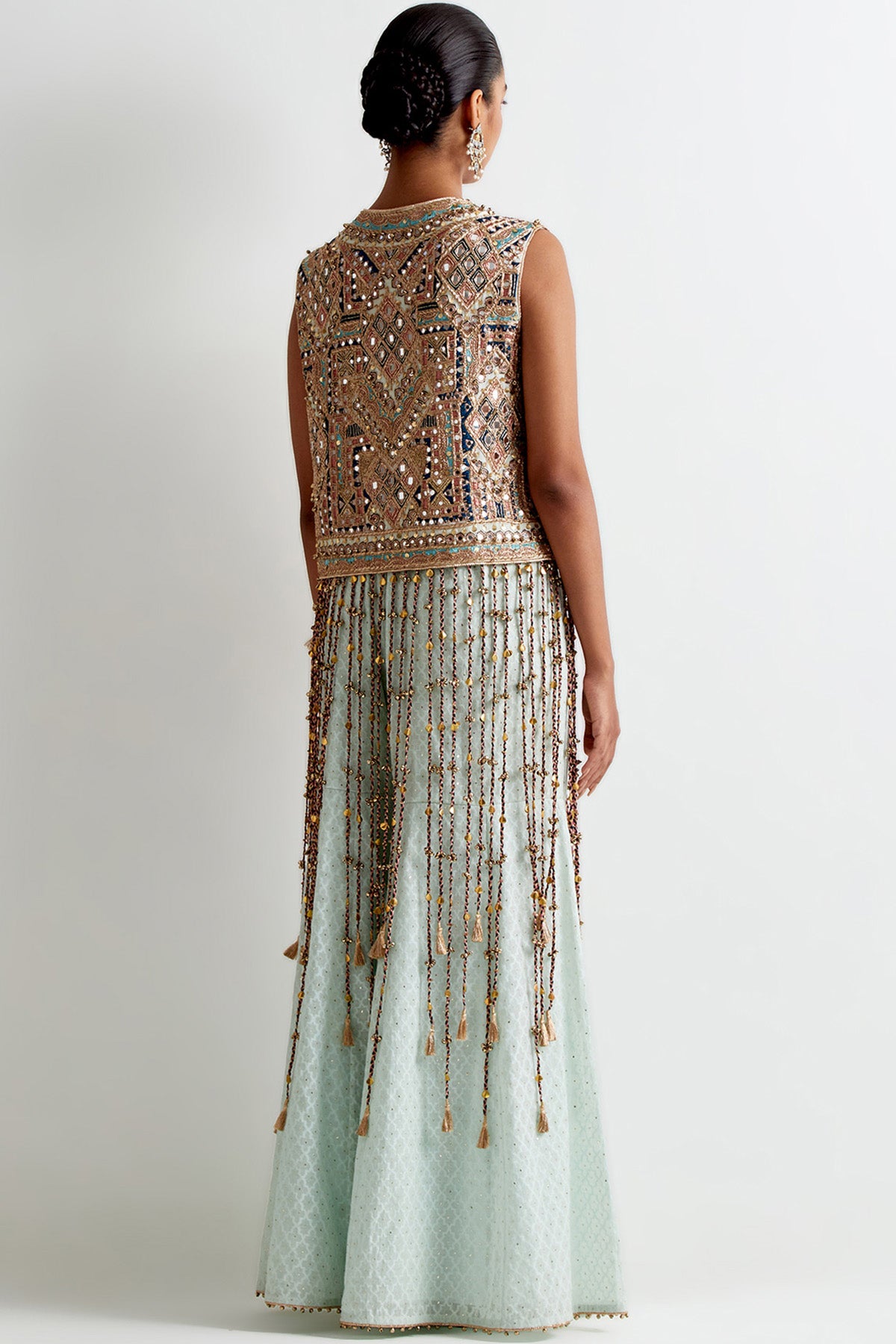 Sea Blue Georgette Embroidered Jacket With Embroidered Bustier And Silk Katarwa Sharara