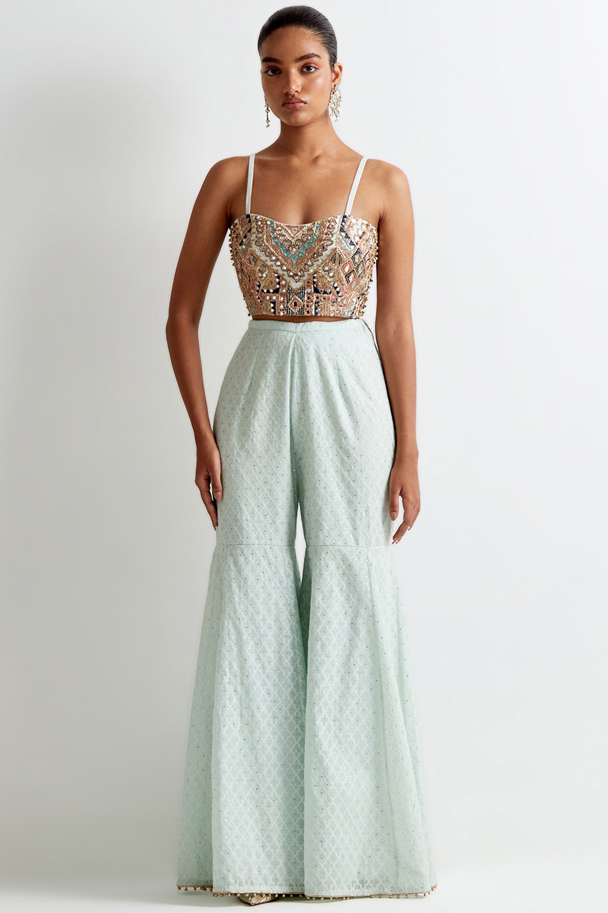 Sea Blue Georgette Embroidered Jacket With Embroidered Bustier And Silk Katarwa Sharara