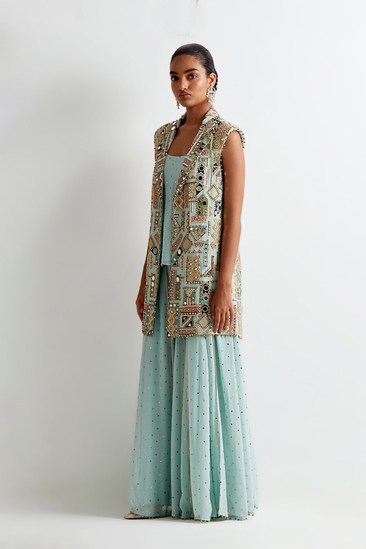 Sea Blue Georgette Embroidered Jacket With Mukaish Georgette Camisole And Sharara