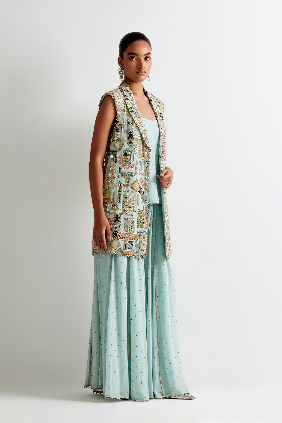 Sea Blue Georgette Embroidered Jacket With Mukaish Georgette Camisole And Sharara