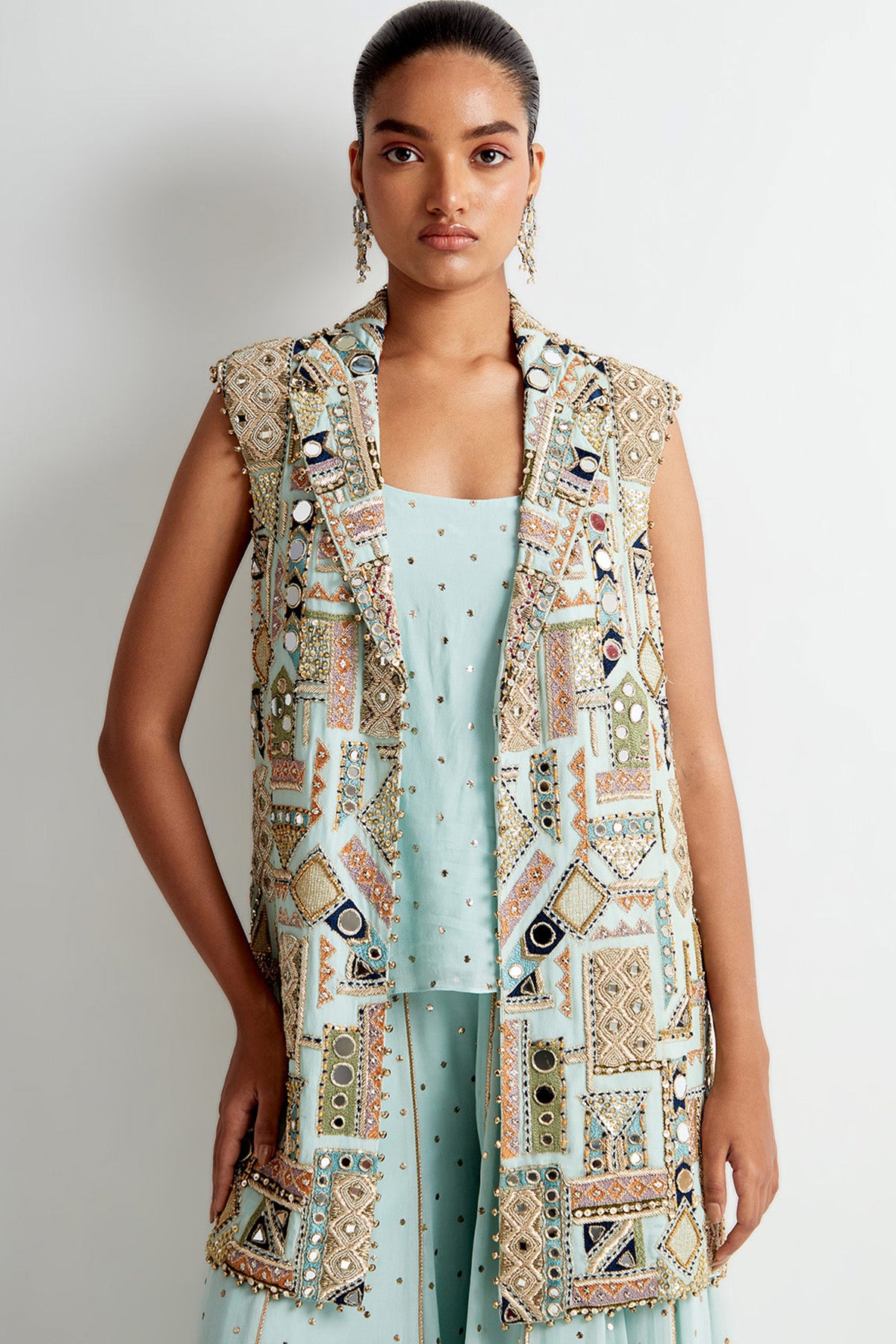Sea Blue Georgette Embroidered Jacket With Mukaish Georgette Camisole And Sharara
