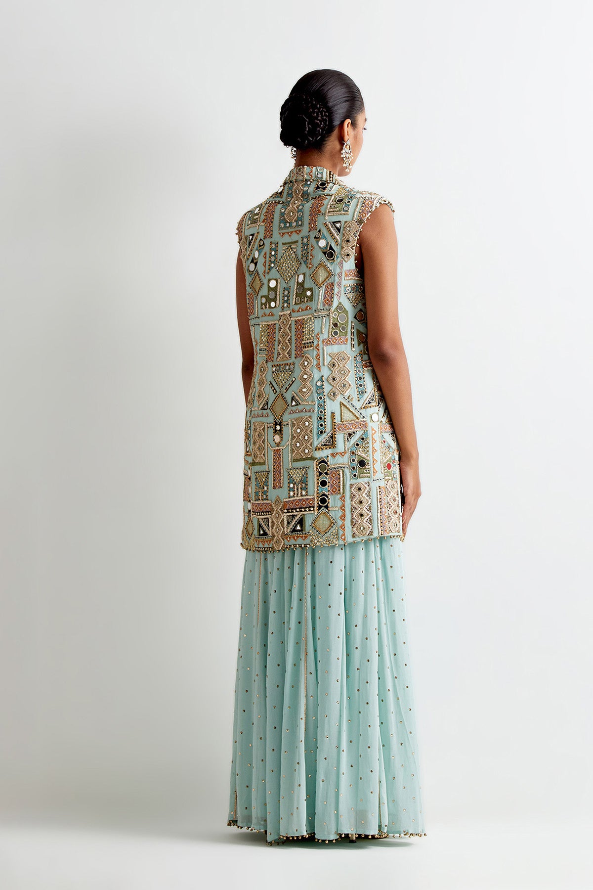 Sea Blue Georgette Embroidered Jacket With Mukaish Georgette Camisole And Sharara