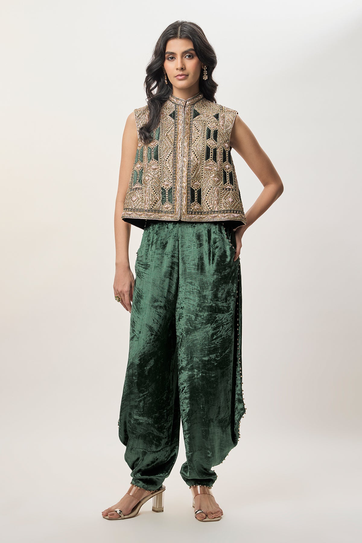 Delnaz Emerald Green Georgette Embroidered Sleeveless Jacket And Velvet Balloon Pants