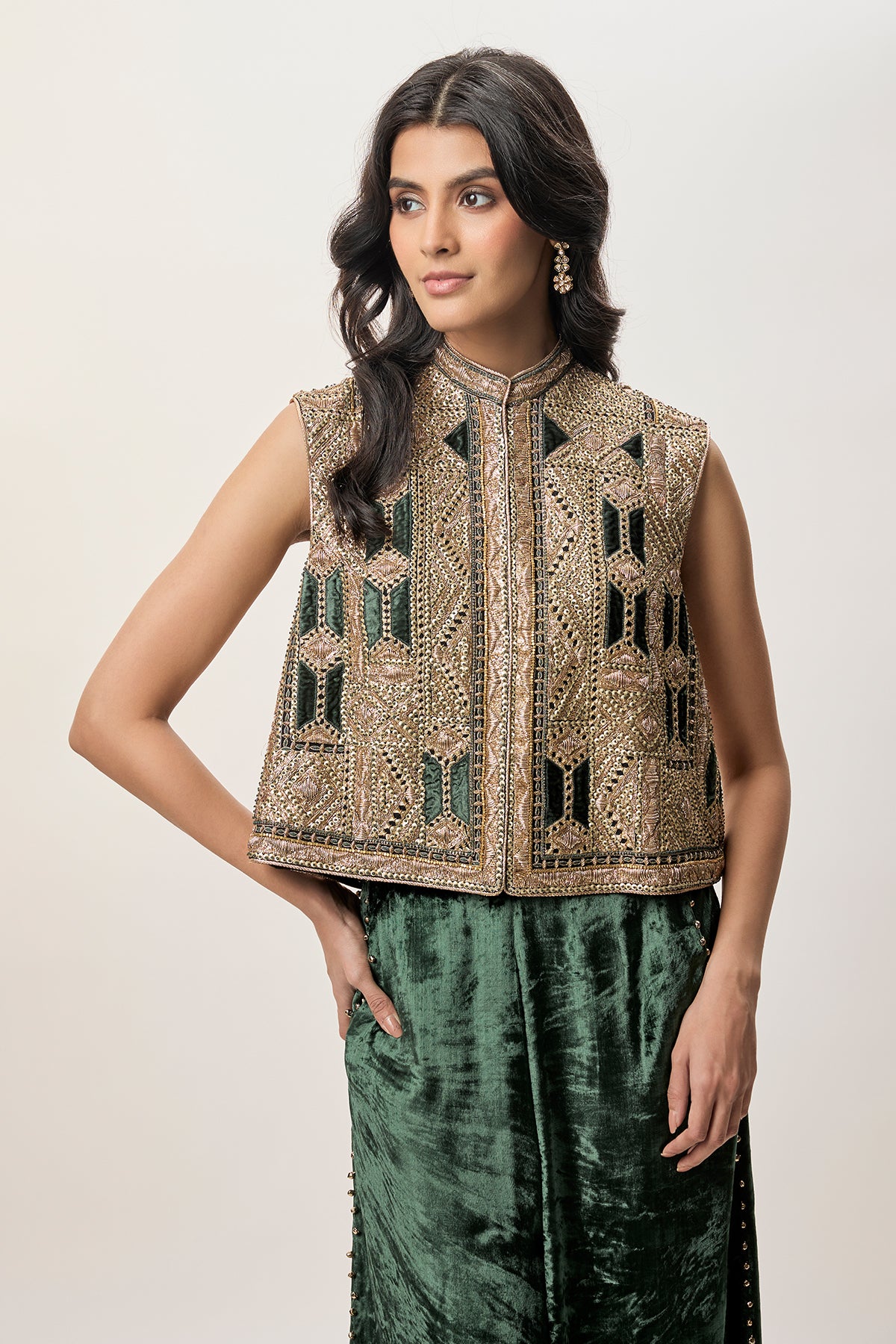 Delnaz Emerald Green Georgette Embroidered Sleeveless Jacket And Velvet Balloon Pants