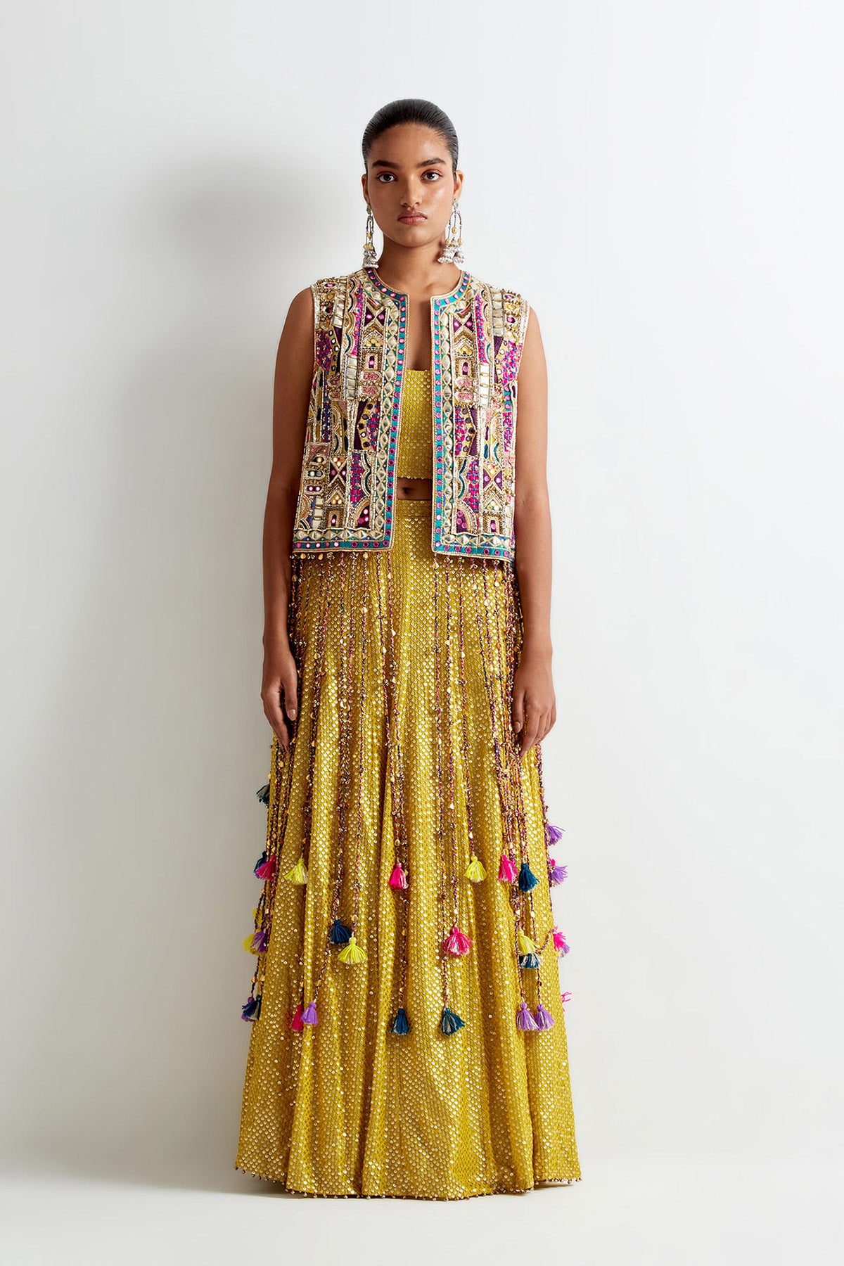 Olive Green Georgette Embroidered Jacket With Sequin Bustier And Lehenga