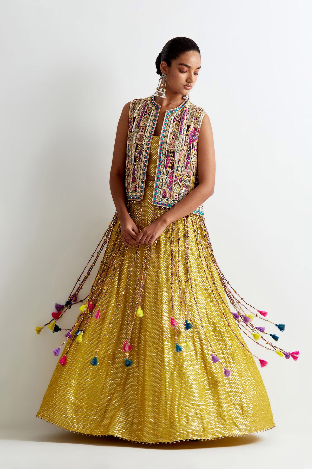 Olive Green Georgette Embroidered Jacket With Sequin Bustier And Lehenga