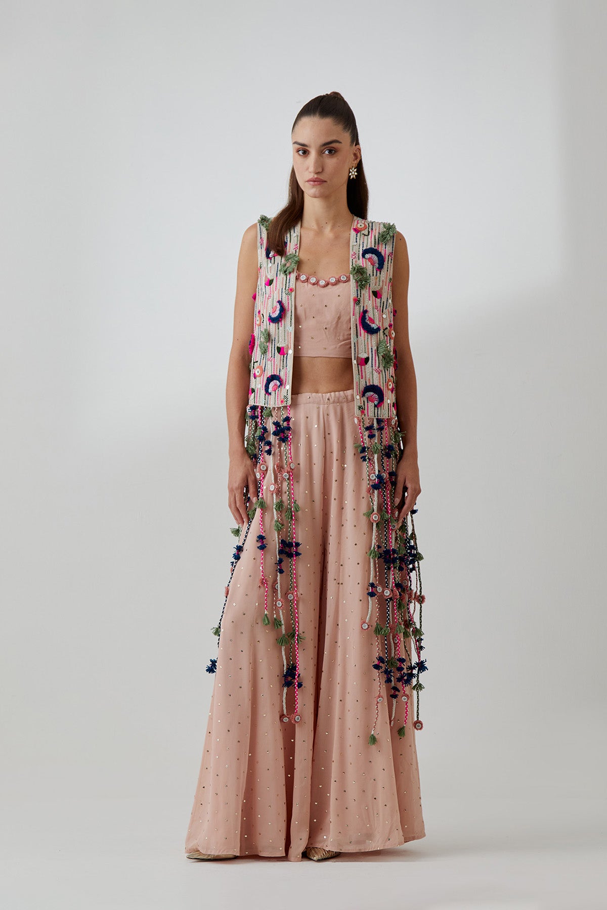 Stone Georgette Embroidered Jacket With Blush Pink Mukaish Georgette Bustier And Sharara