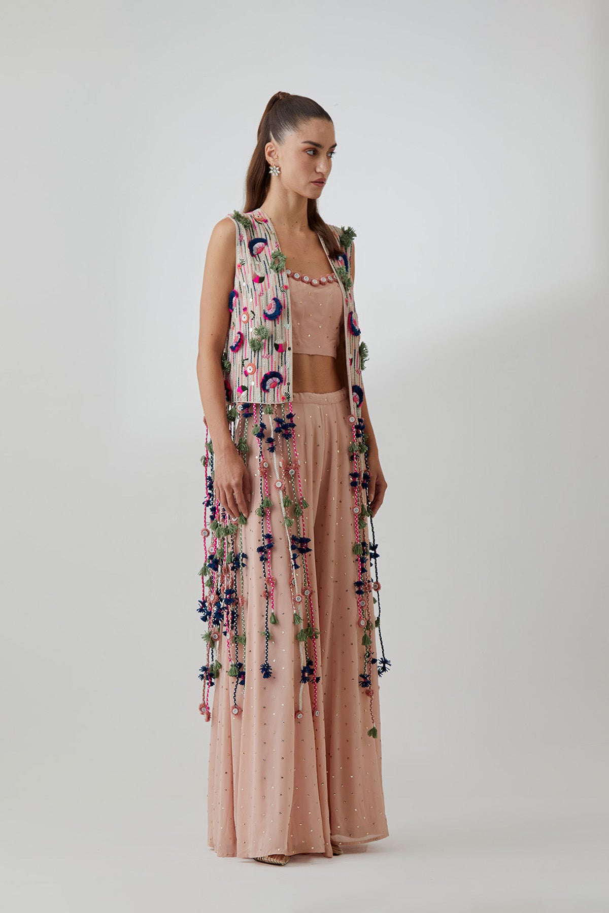 Stone Georgette Embroidered Jacket With Blush Pink Mukaish Georgette Bustier And Sharara