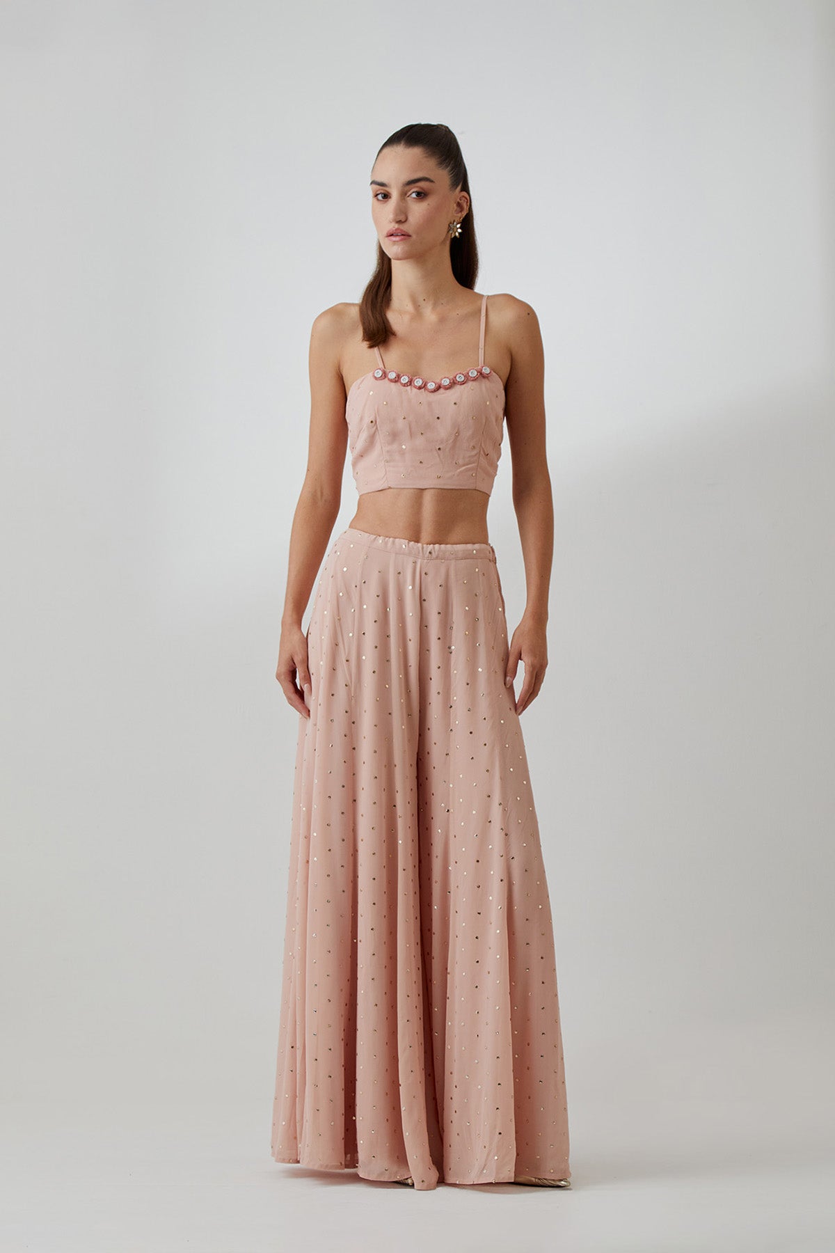Stone Georgette Embroidered Jacket With Blush Pink Mukaish Georgette Bustier And Sharara