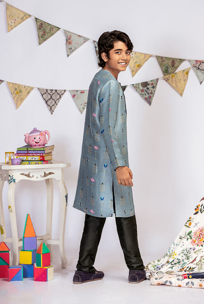 Powder Blue Printed Silk Kurta with Black Cotton Silk Churidar