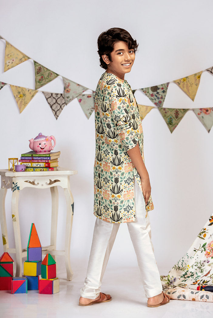 Cream Printed Silk Kurta with Off white Cotton Silk Churidar