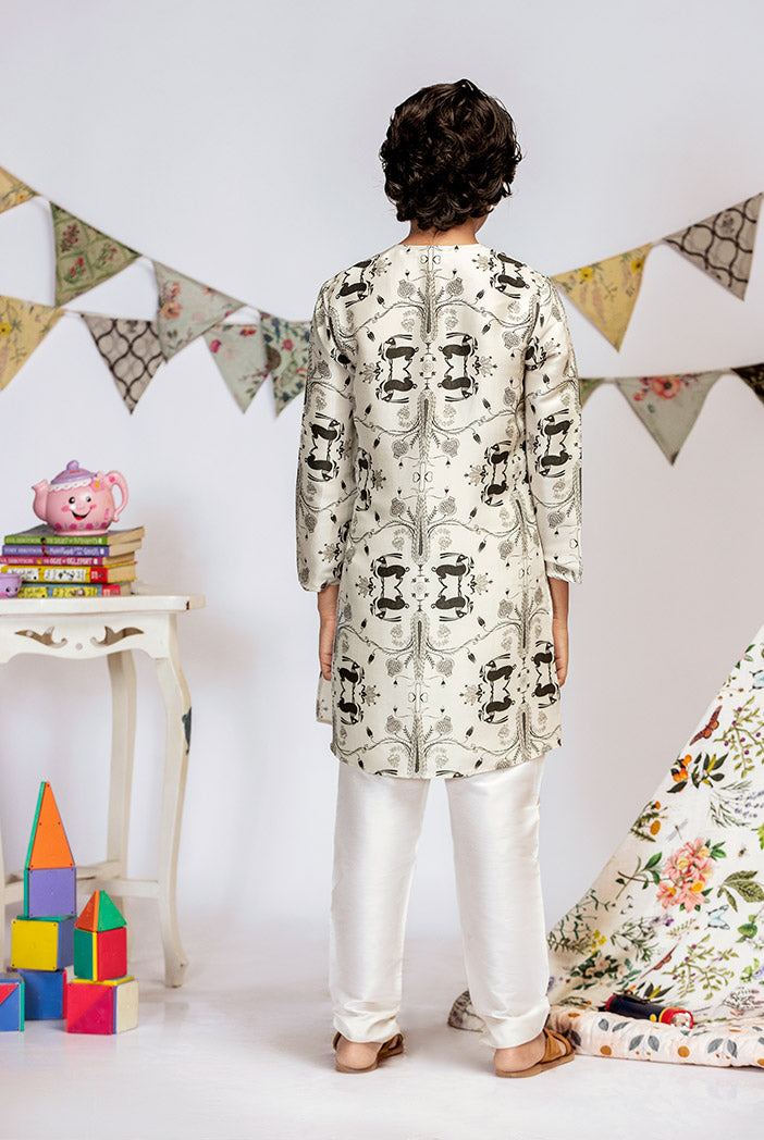 Stone Printed Silk Kurta with Off white Cotton Silk Churidar
