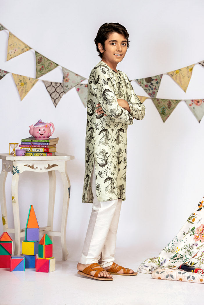 Mint Printed Silk Kurta with Off white Cotton Silk Churidar