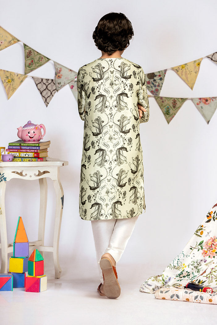 Mint Printed Silk Kurta with Off white Cotton Silk Churidar