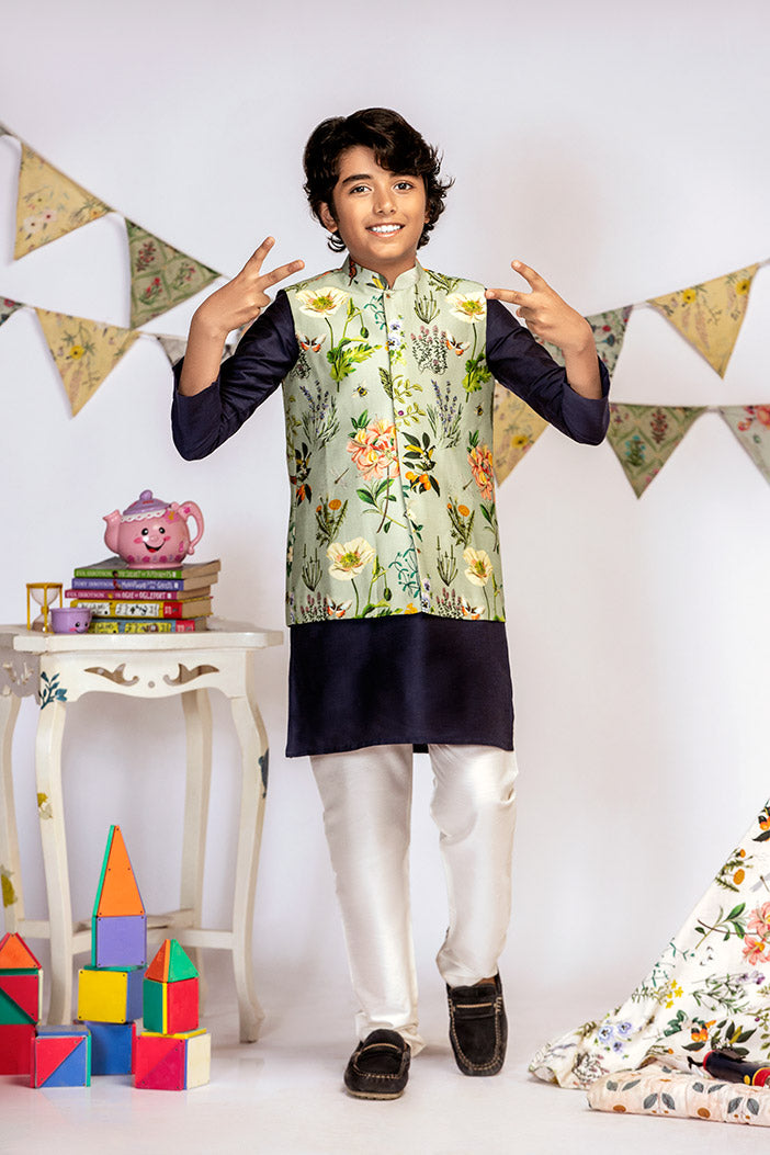 Aqua Printed Silkmul Bandi with Navy Cotton Silk Kurta and Off white Cotton Silk Churidar