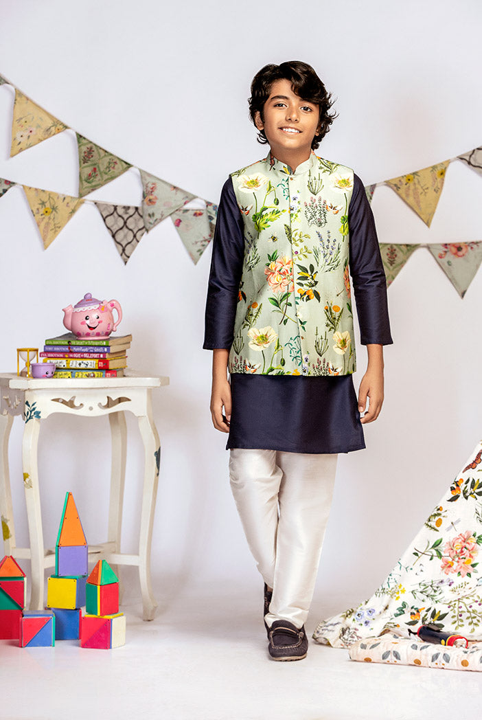Aqua Printed Silkmul Bandi with Navy Cotton Silk Kurta and Off white Cotton Silk Churidar