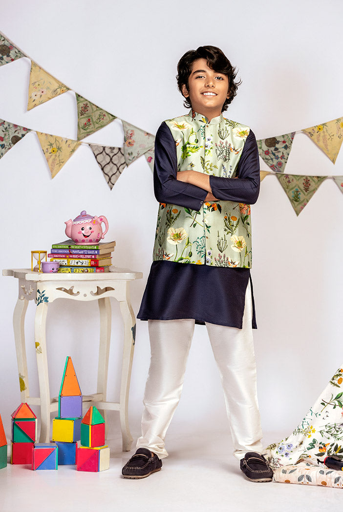 Aqua Printed Silkmul Bandi with Navy Cotton Silk Kurta and Off white Cotton Silk Churidar