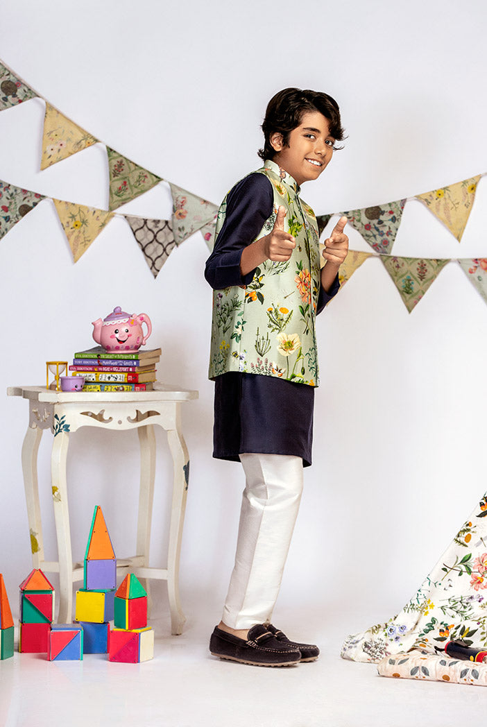 Aqua Printed Silkmul Bandi with Navy Cotton Silk Kurta and Off white Cotton Silk Churidar