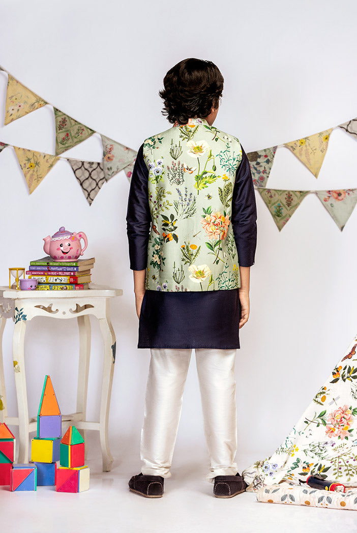 Aqua Printed Silkmul Bandi with Navy Cotton Silk Kurta and Off white Cotton Silk Churidar