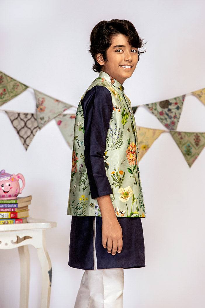Aqua Printed Silkmul Bandi with Navy Cotton Silk Kurta and Off white Cotton Silk Churidar