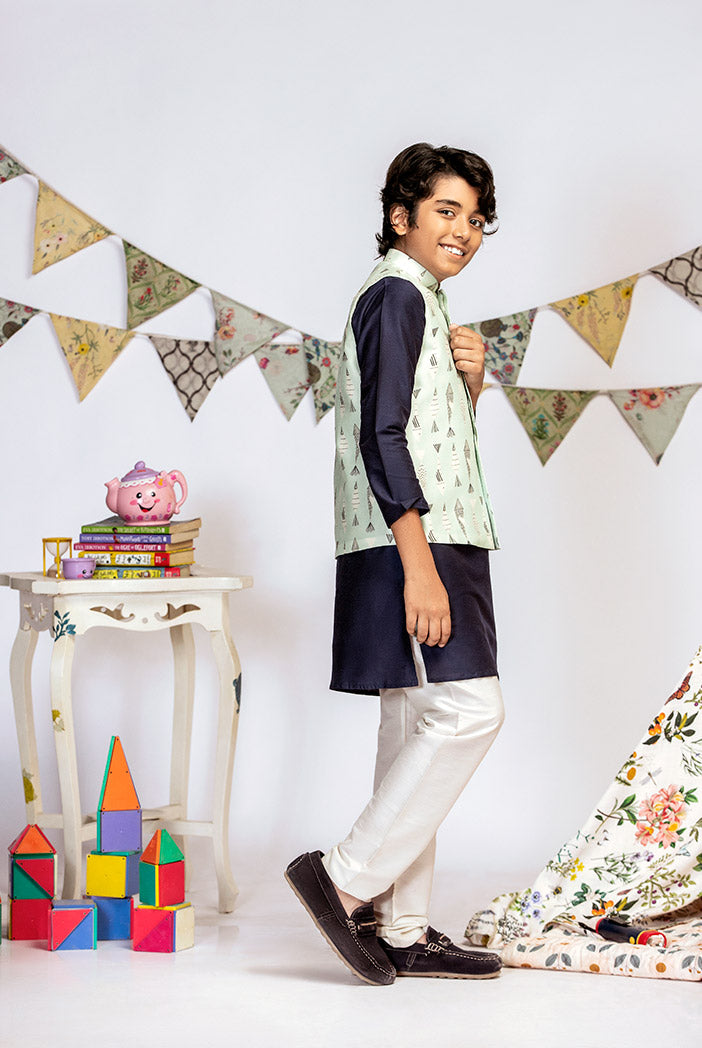 Blue Printed Silkmul Bandi with Navy Cotton Silk Kurta and Off white Cotton Silk Churidar