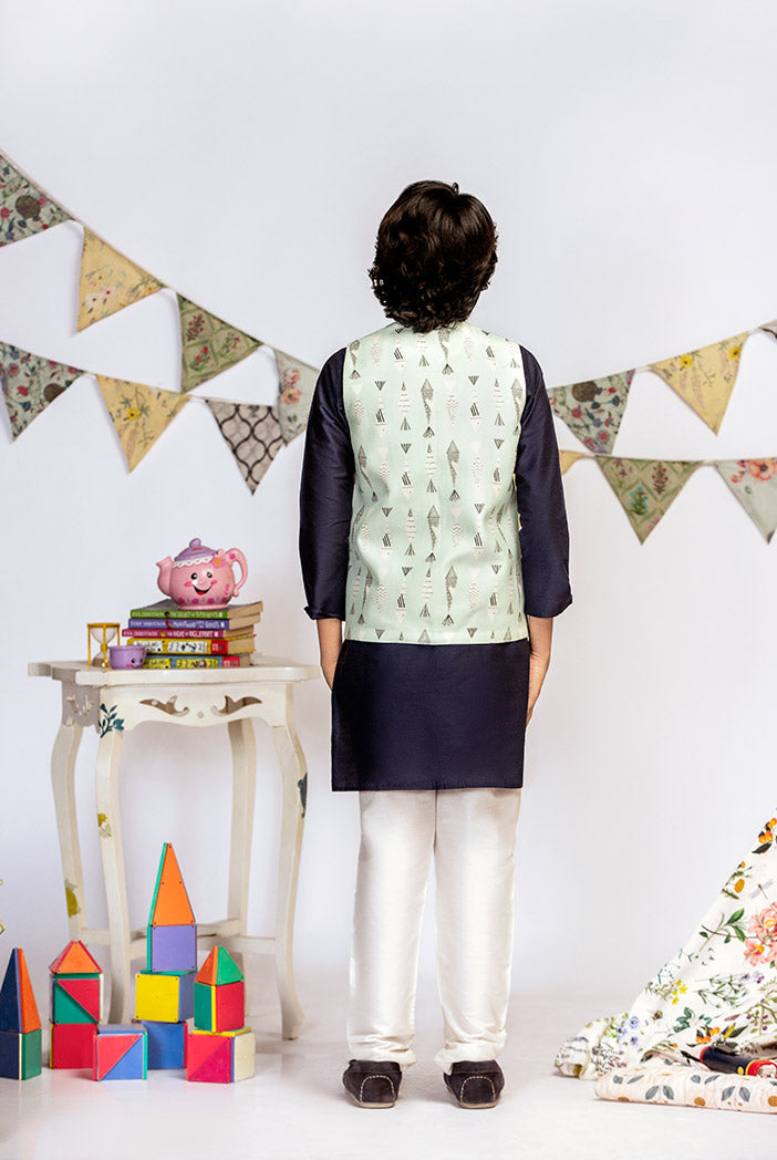 Blue Printed Silkmul Bandi with Navy Cotton Silk Kurta and Off white Cotton Silk Churidar