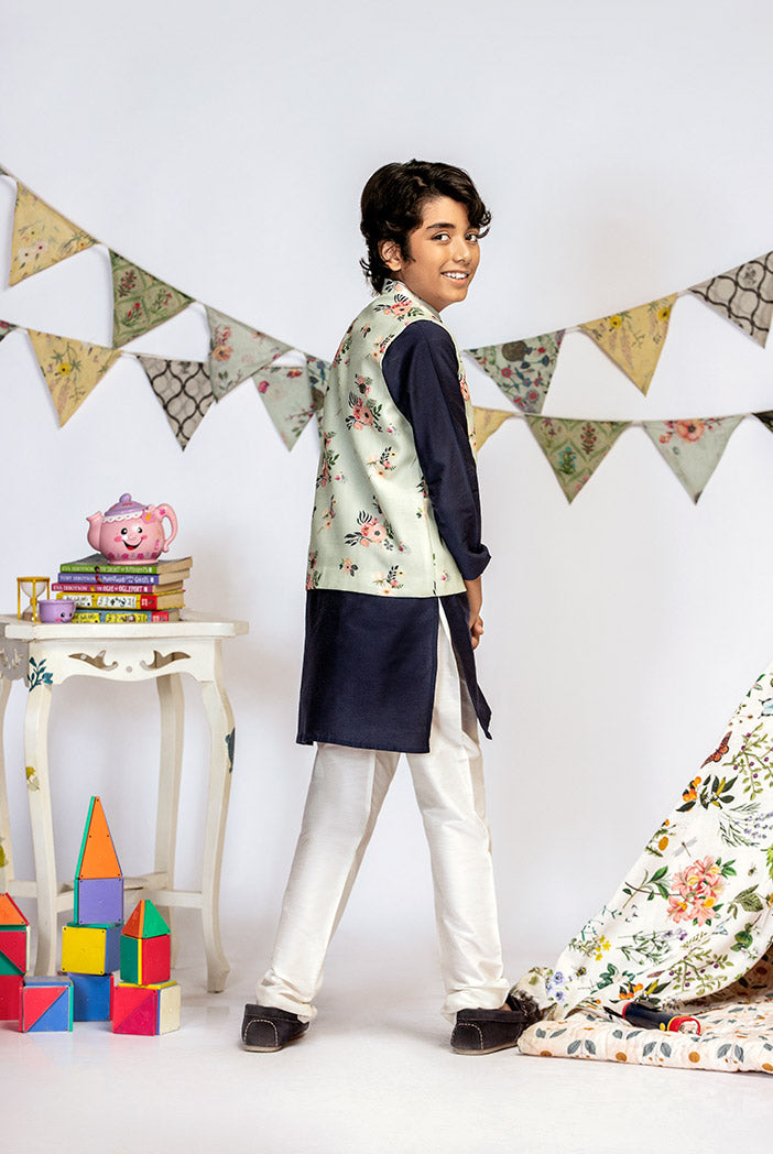 Powder Blue Printed Silkmul Bandi with Navy Cotton Silk Kurta and Off white Cotton Silk Churidar