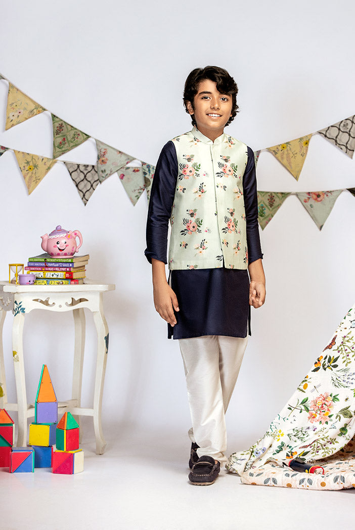 Powder Blue Printed Silkmul Bandi with Navy Cotton Silk Kurta and Off white Cotton Silk Churidar