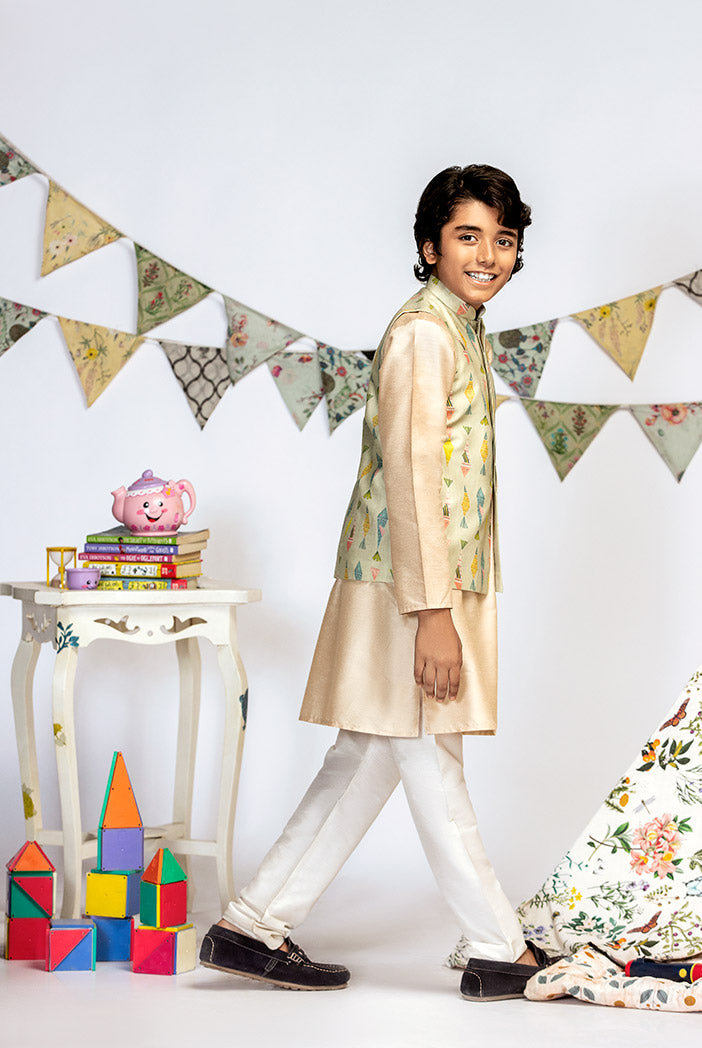 Green Printed Silkmul Bandi with Stone Cotton Silk Kurta and Off white Cotton Silk Churidar