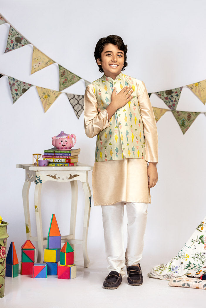 Green Printed Silkmul Bandi with Stone Cotton Silk Kurta and Off white Cotton Silk Churidar