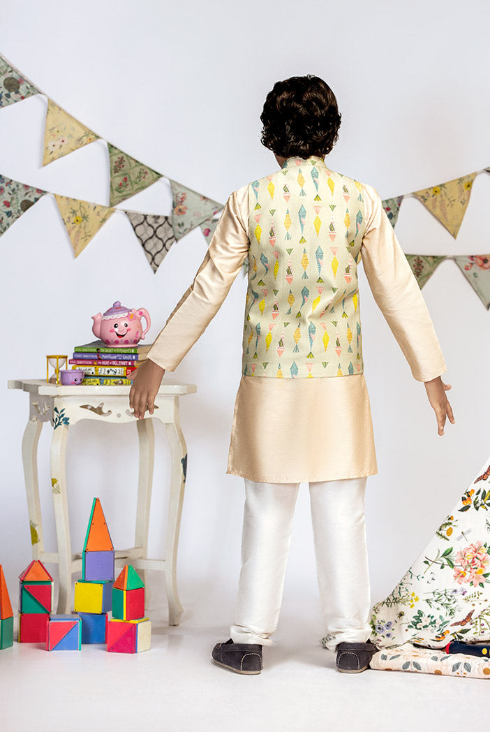 Green Printed Silkmul Bandi with Stone Cotton Silk Kurta and Off white Cotton Silk Churidar