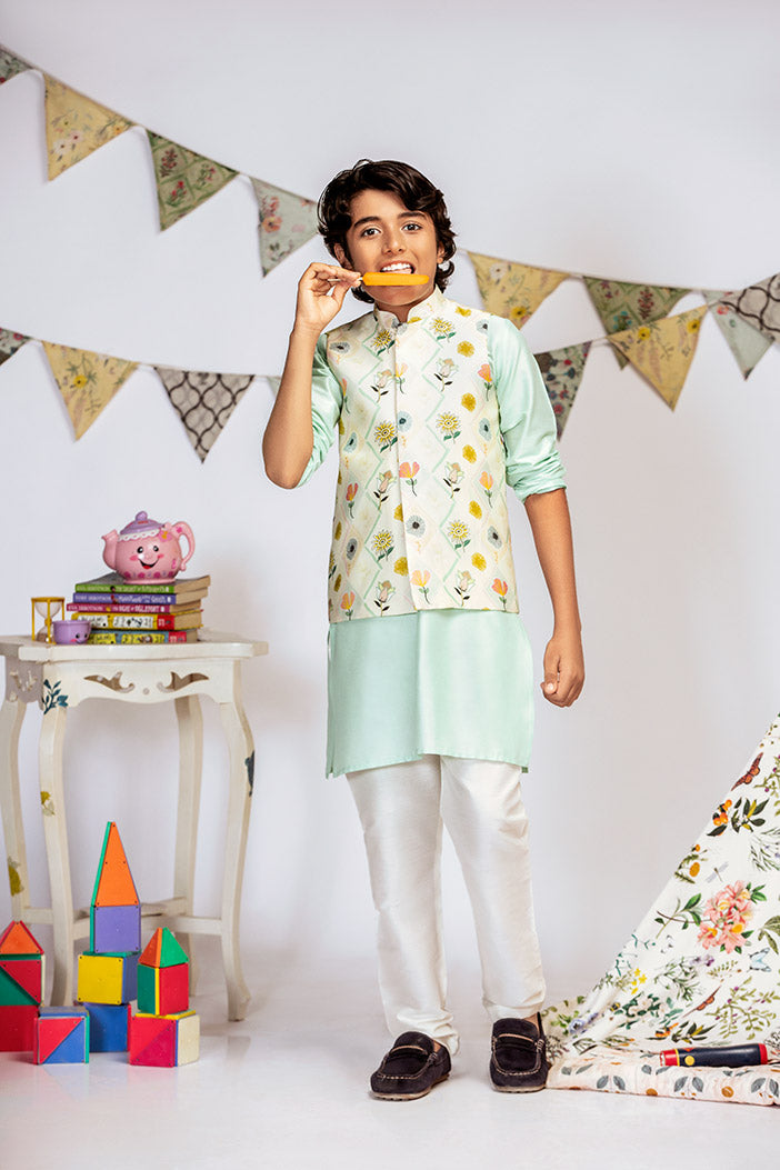 Cream Printed Silkmul Bandi with Aqua Cotton Silk Kurta and Off white Cotton Silk Churidar