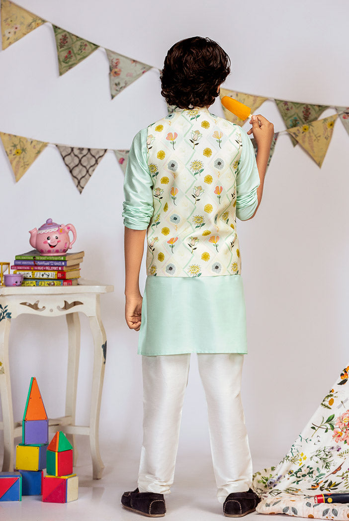 Cream Printed Silkmul Bandi with Aqua Cotton Silk Kurta and Off white Cotton Silk Churidar