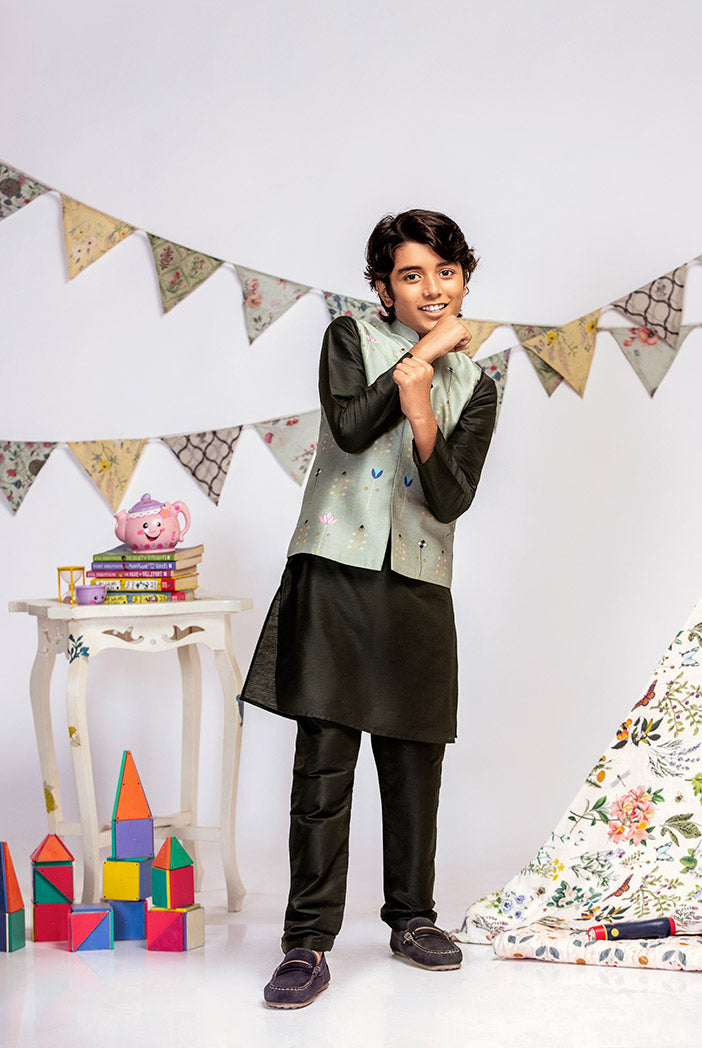 Green Printed Silkmul Bandi with Black Cotton Silk Kurta and Black Cotton Silk Churidar