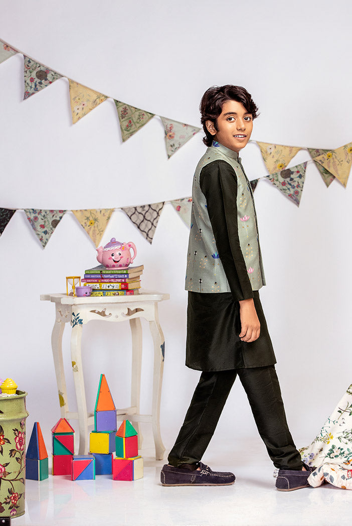 Green Printed Silkmul Bandi with Black Cotton Silk Kurta and Black Cotton Silk Churidar