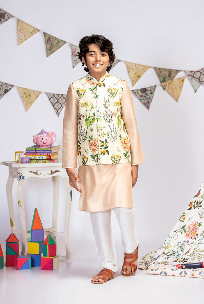 Ivory Printed Silkmul Bandi with Blush Cotton Silk Kurta and Off white Cotton Silk Churidar