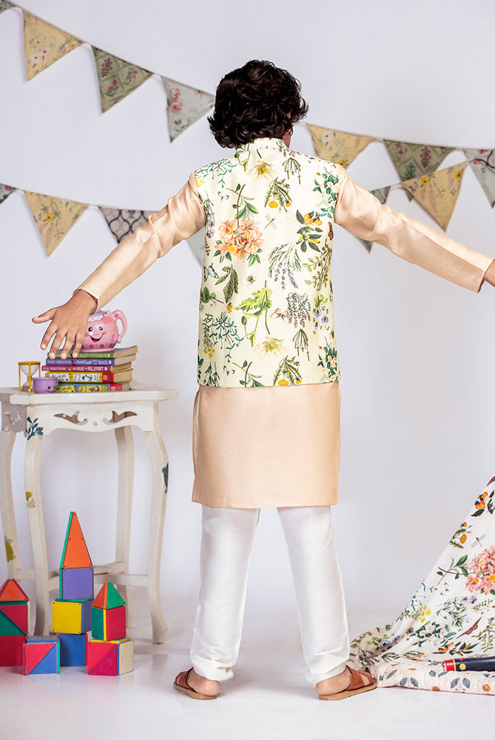 Ivory Printed Silkmul Bandi with Blush Cotton Silk Kurta and Off white Cotton Silk Churidar