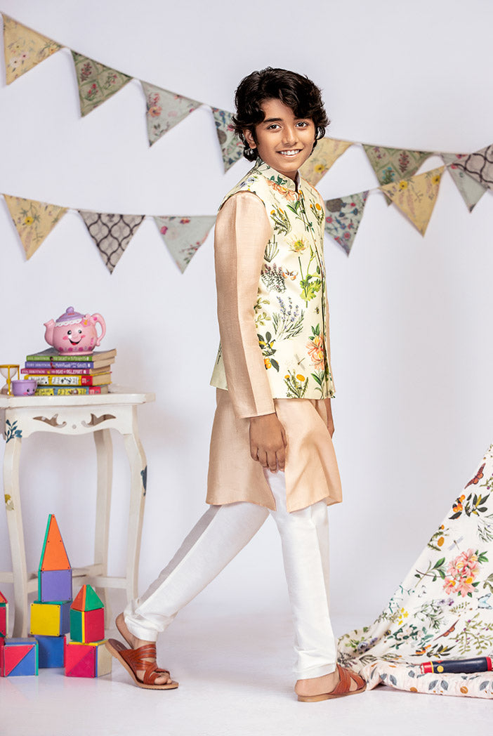 Ivory Printed Silkmul Bandi with Blush Cotton Silk Kurta and Off white Cotton Silk Churidar